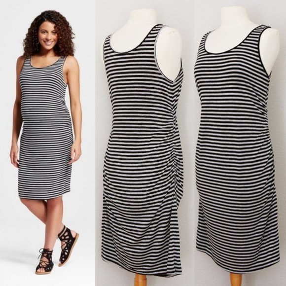Liz Lange for Target Dresses & Skirts - Liz Lange Maternity Gray Black Striped Ruched Gathered Sleeveless Midi Dress S